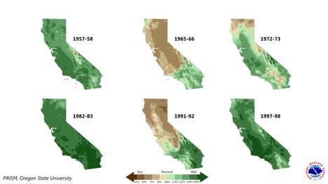 Fig. 2. Precipitation in California in six water years with El Niño events and an Ocean Niño Index value greater than 1.5.  Source: Sacramento office